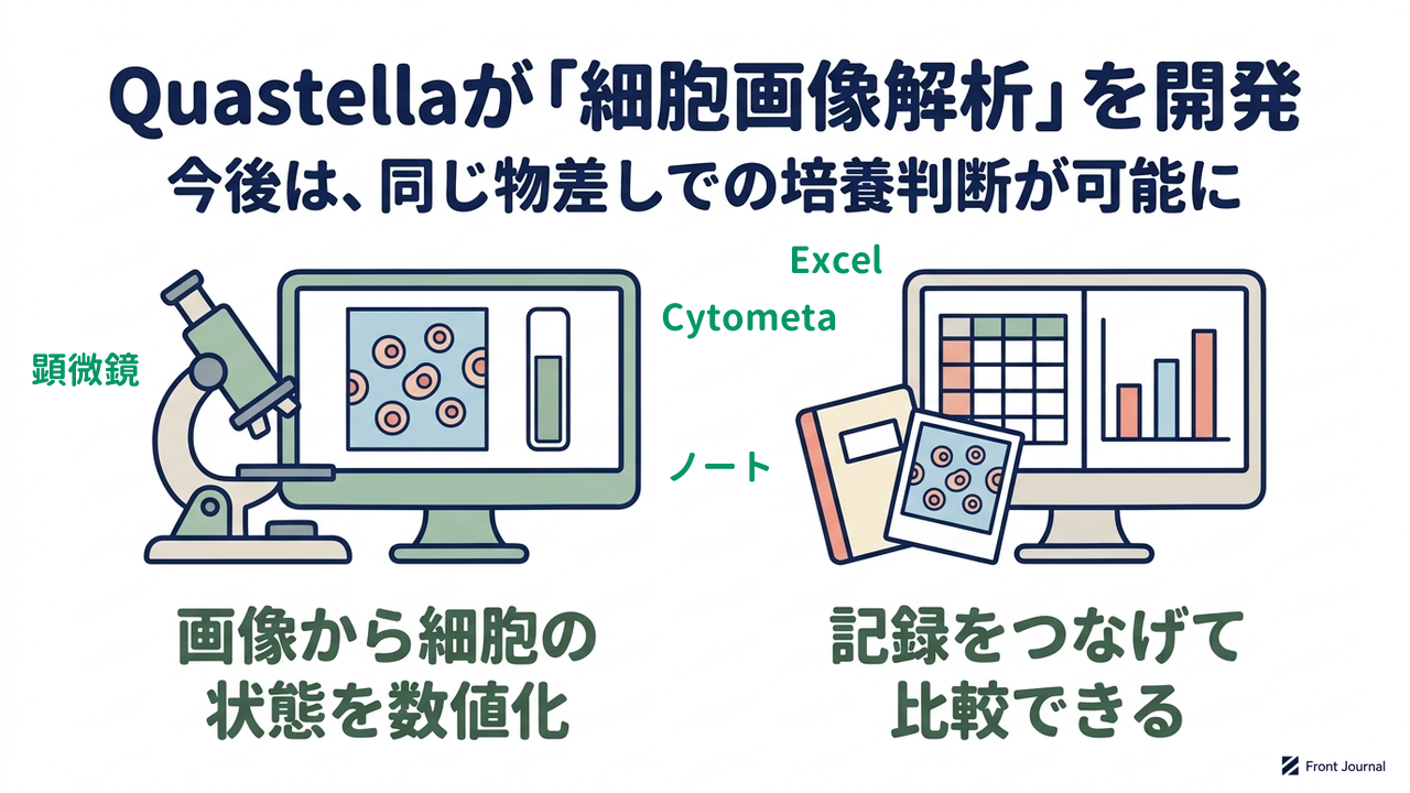 Quastellaが「細胞画像解析」を開発｜今後は、同じ物差しでの培養判断が可能に／画像から細胞の状態を数値化／記録をつなげて比較できる