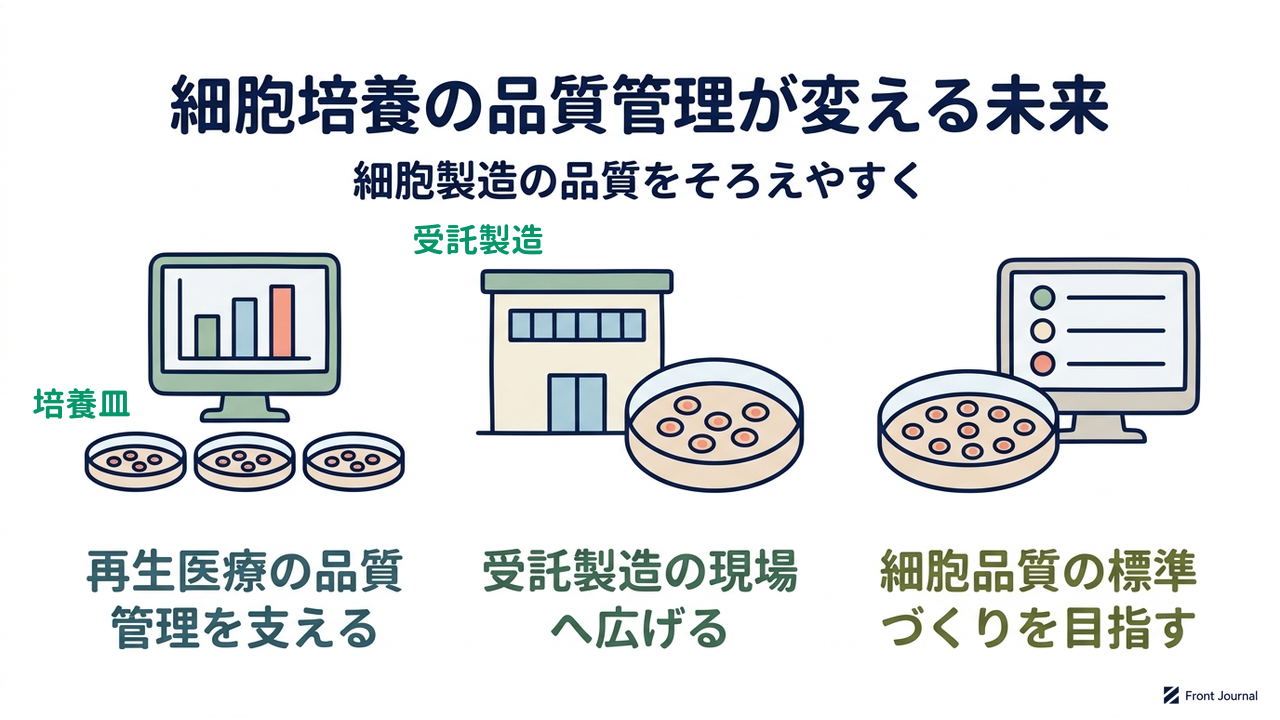 細胞培養の品質管理が変える未来｜再生医療の品質管理が広がる／再生医療の品質管理を支える／受託製造の現場へ広げる／細胞品質の標準づくりを目指す