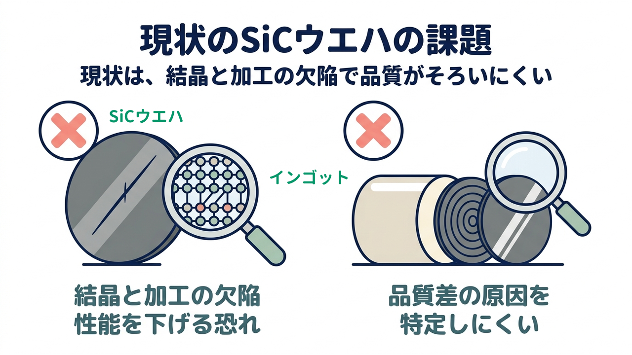 現状のSiCウエハの課題｜現状は、結晶と加工の欠陥で品質がそろいにくい／結晶と加工の欠陥は性能を下げる恐れ／品質差の原因を特定しにくい