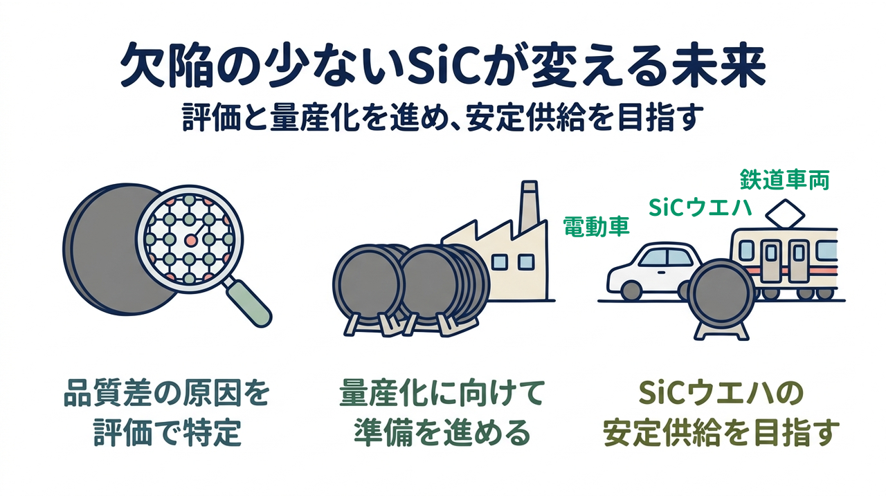 欠陥の少ないSiCが変える未来｜評価と量産化を進め、安定供給を目指す／品質差の原因を評価で特定／量産化に向けて準備を進める／SiCウエハの安定供給を目指す