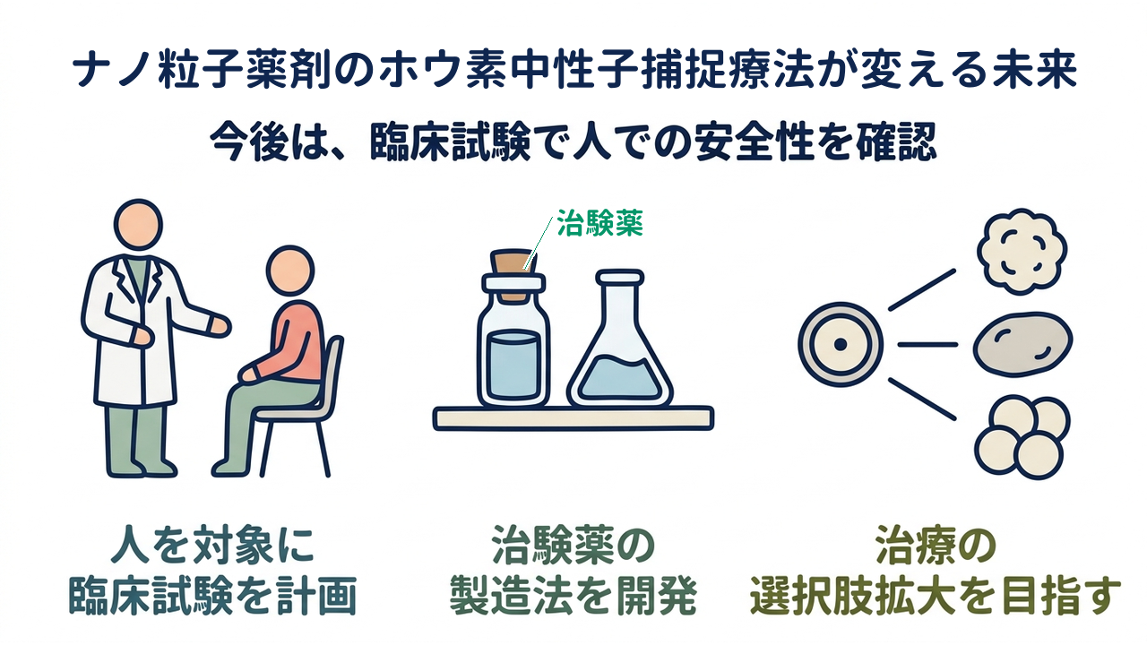 ナノ粒子薬剤のホウ素中性子捕捉療法が変える未来｜今後は、臨床試験で人での安全性を確認｜人を対象に・臨床試験を計画／治験薬の・製造法を開発／治療の・選択肢拡大を目指す