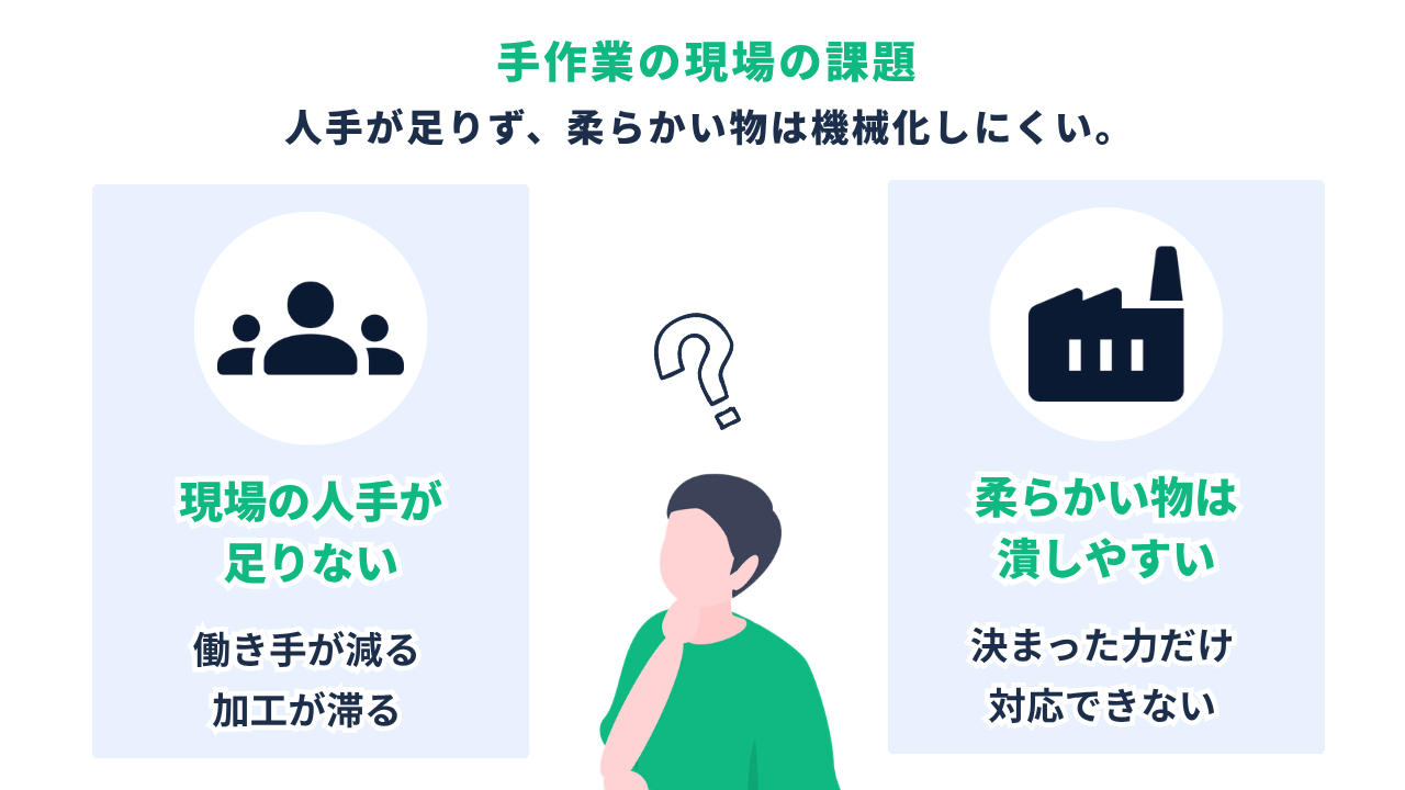 手作業の現場の課題|水産や食品の現場で人手が足りない/柔らかく不定形なものは機械化しにくい