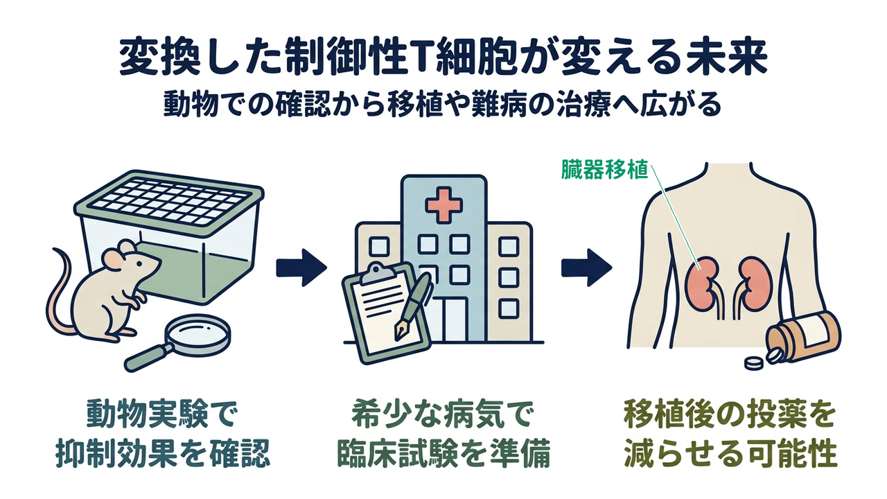 変換した制御性T細胞が変える未来|動物での確認から移植や難病の治療へ広がる|動物実験で・抑制効果を確認/希少な病気で・臨床試験を準備/移植後の投薬を・減らせる可能性
