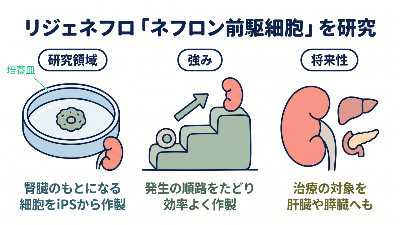 リジェネフロ「ネフロン前駆細胞」を研究|研究領域=腎臓のもとになる細胞をiPSから作製/強み=発生の順路をたどり効率よく作製/将来性=治療の対象を肝臓や膵臓へも(培養皿の解説つき)