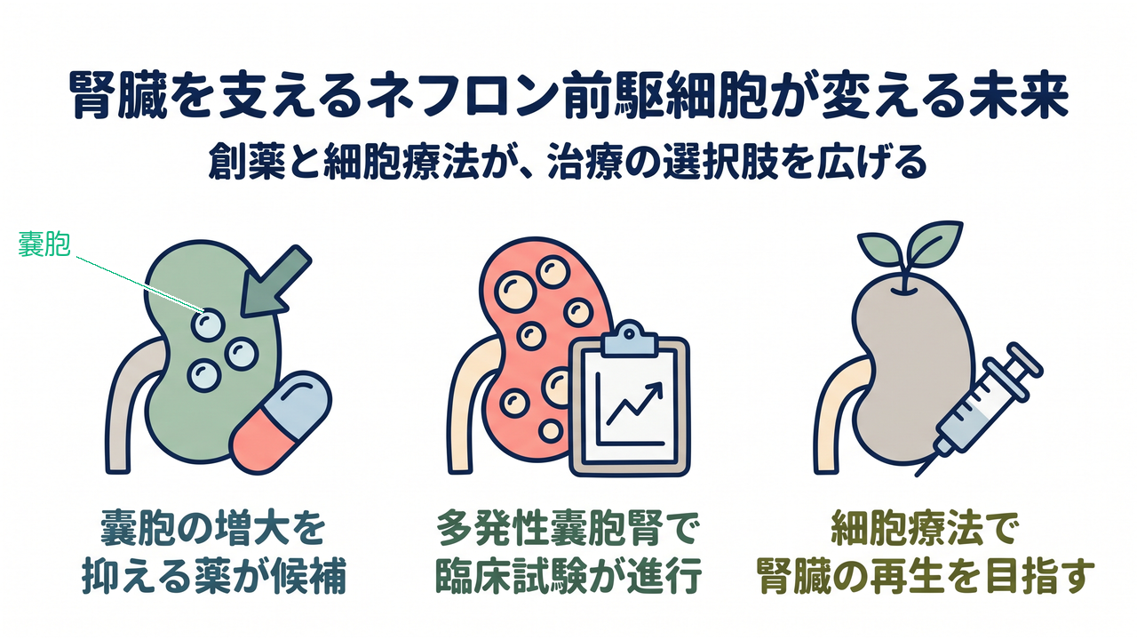 腎臓を支えるネフロン前駆細胞が変える未来|創薬と細胞療法が、治療の選択肢を広げる/嚢胞の増大を抑える薬が候補/多発性嚢胞腎で臨床試験が進行/細胞療法で腎臓の再生を目指す(嚢胞の解説つき)