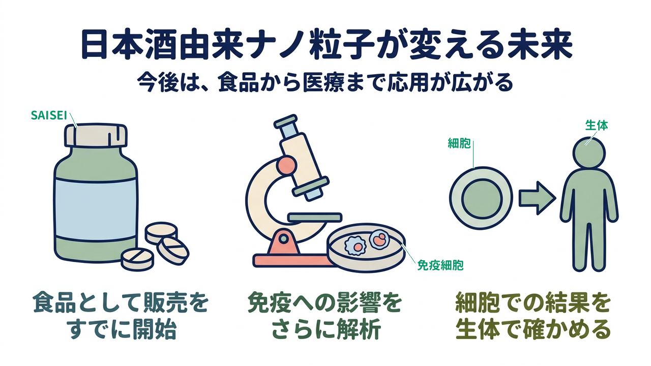 日本酒由来ナノ粒子が変える未来｜食品として販売をすでに開始／免疫への影響をさらに解析／細胞での結果を生体で確かめる