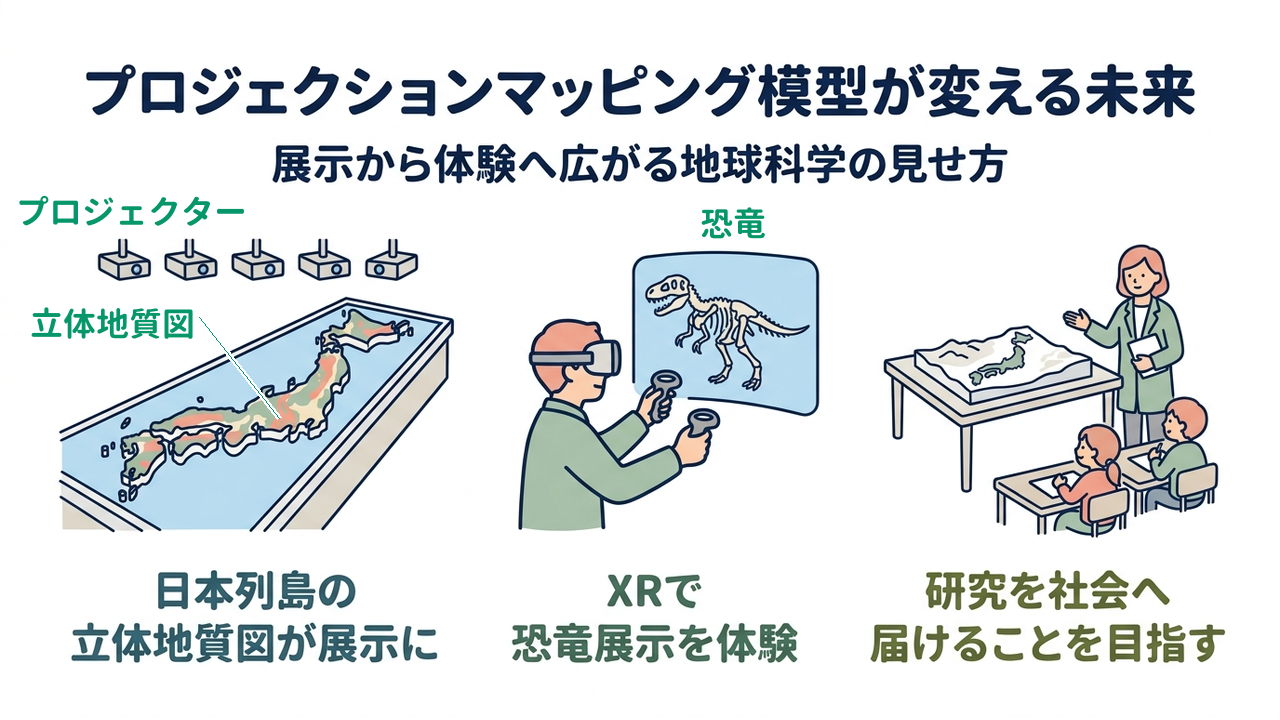 プロジェクションマッピング模型が変える未来｜展示から体験へ広がる地球科学の見せ方／日本列島の立体地質図が展示に／XRで恐竜展示を体験／研究を社会へ届けることを目指す
