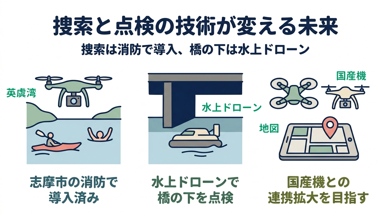 捜索と点検の技術が変える未来|捜索は消防で導入、橋の下は水上ドローン/志摩市の消防で導入済み/水上ドローンで橋の下を点検/国産機との連携拡大を目指す