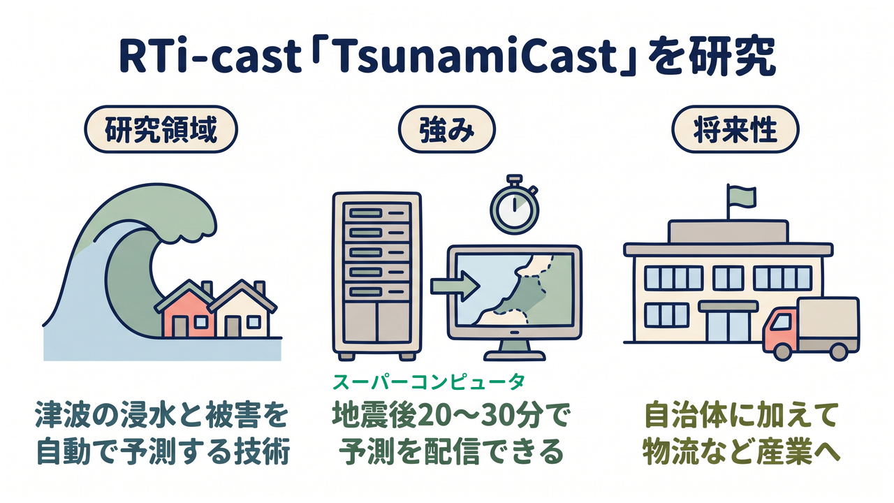 RTi-cast｜研究領域=津波の浸水と被害を自動で予測する技術／強み=地震後20〜30分で予測を配信できる／将来性=自治体に加えて物流など産業へ