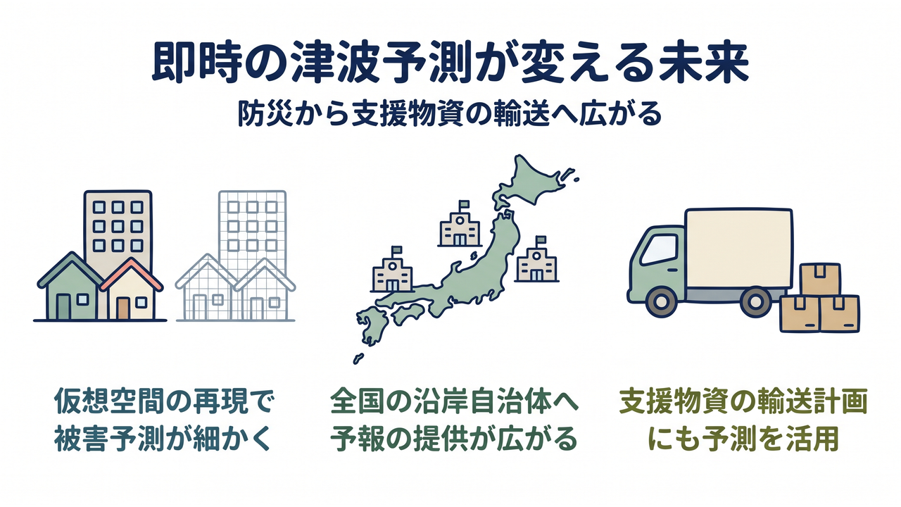 即時の津波予測が変える未来｜仮想空間の再現で被害予測が細かく／全国の沿岸自治体へ予報の提供が広がる／支援物資の輸送計画にも予測を活用