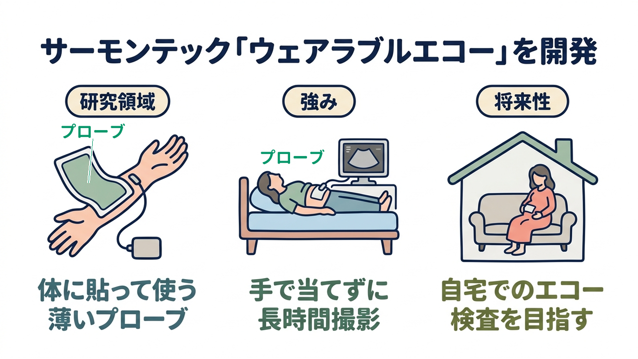 サーモンテック「ウェアラブルエコー」を開発｜研究領域=体に貼って使う薄いプローブ／強み=手で当てずに長時間撮影／将来性=自宅でのエコー検査を目指す