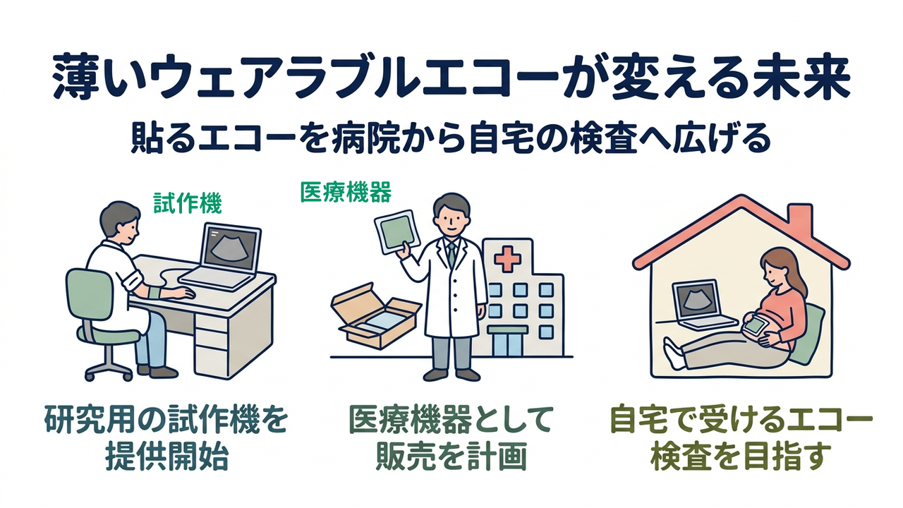 薄いウェアラブルエコーが変える未来｜貼るエコーを病院から自宅の検査へ広げる／研究用の試作機を提供開始／医療機器として販売を計画／自宅で受けるエコー検査を目指す