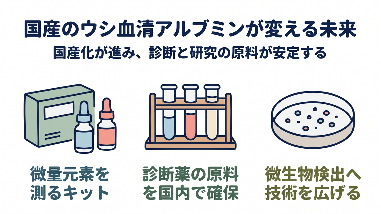 国産のウシ血清アルブミンが変える未来｜国産化が進み、診断と研究の原料が安定する／微量元素を測るキット／診断薬の原料を国内で確保／微生物検出へ技術を広げる