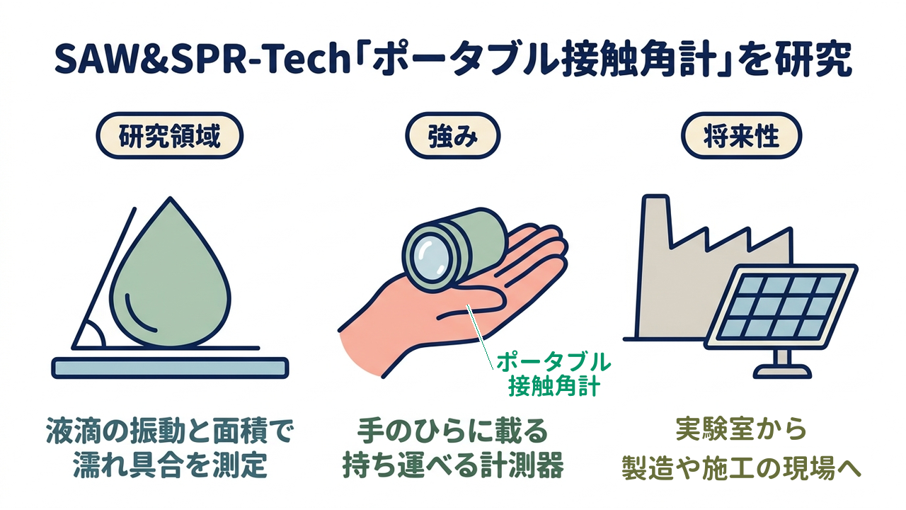 SAW&SPR-Tech「ポータブル接触角計」を研究|研究領域=液滴の振動と面積で・濡れ具合を測定/強み=手のひらに載る・持ち運べる計測器/将来性=実験室から・製造や施工の現場へ