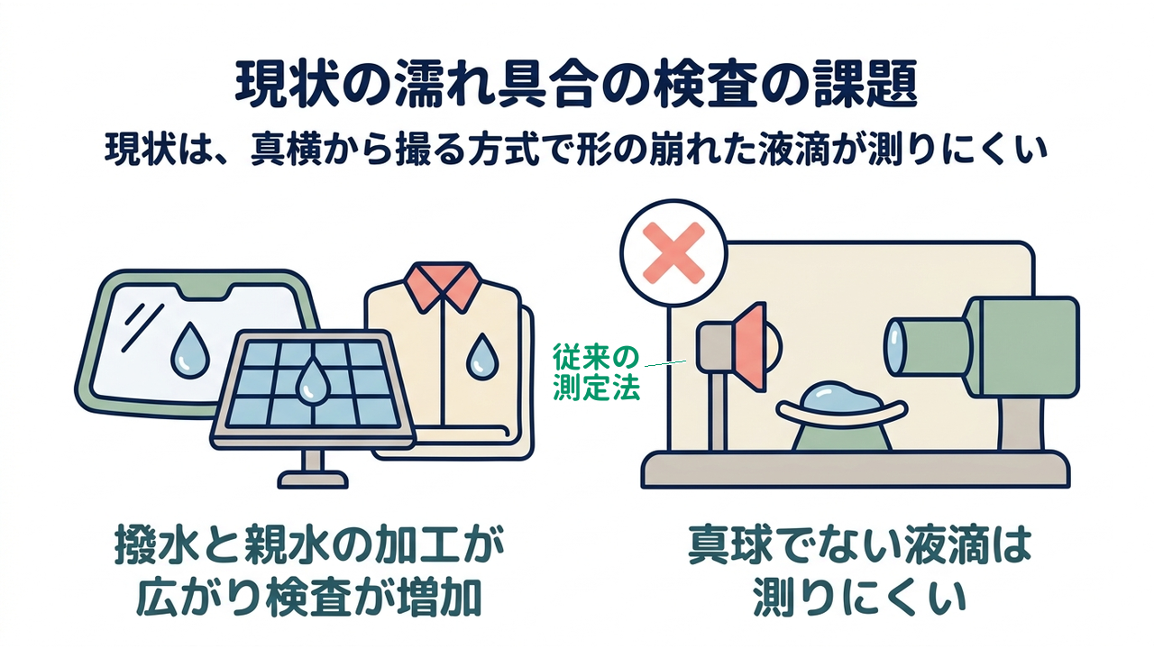 現状の濡れ具合の検査の課題|現状は、真横から撮る方式で形の崩れた液滴が測りにくい|撥水と親水の加工が・広がり検査が増加/真球でない液滴は・測りにくい