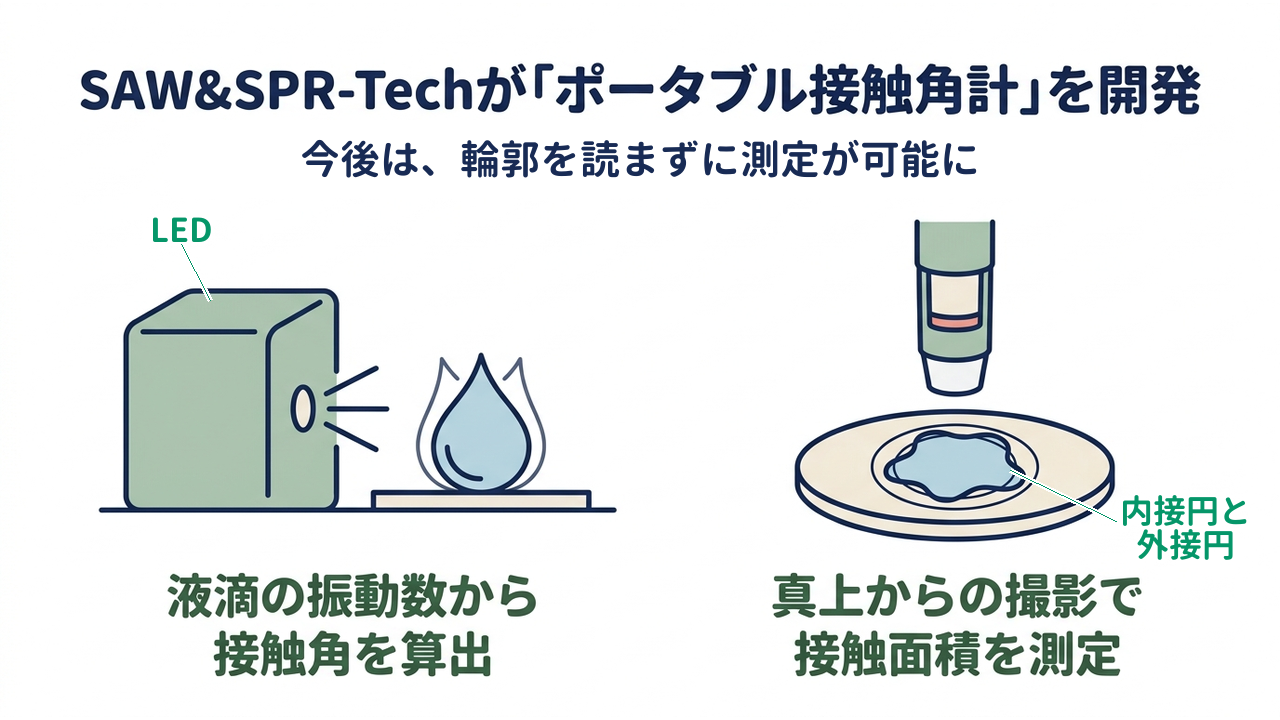 SAW&SPR-Techが「ポータブル接触角計」を開発|今後は、輪郭を読まずに測定が可能に|液滴の振動数から・接触角を算出/真上からの撮影で・接触面積を測定