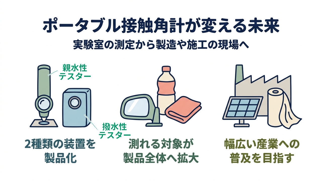 ポータブル接触角計が変える未来|実験室の測定から製造や施工の現場へ|2種類の装置を・製品化/測れる対象が・製品全体へ拡大/幅広い産業への・普及を目指す