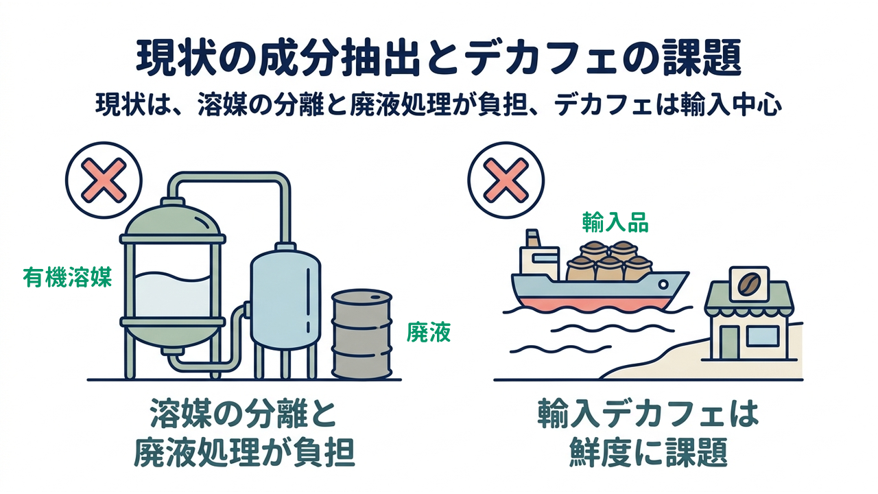 現状の成分抽出とデカフェの課題｜現状は、溶媒の分離と廃液処理が負担、デカフェは輸入中心／溶媒の分離と廃液処理が負担／輸入デカフェは鮮度に課題
