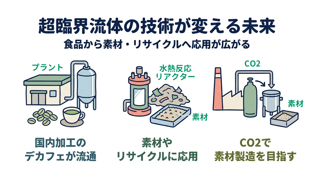 超臨界流体の技術が変える未来｜食品から素材・リサイクルへ応用が広がる／国内加工のデカフェが流通／素材やリサイクルに応用／CO2で素材製造を目指す