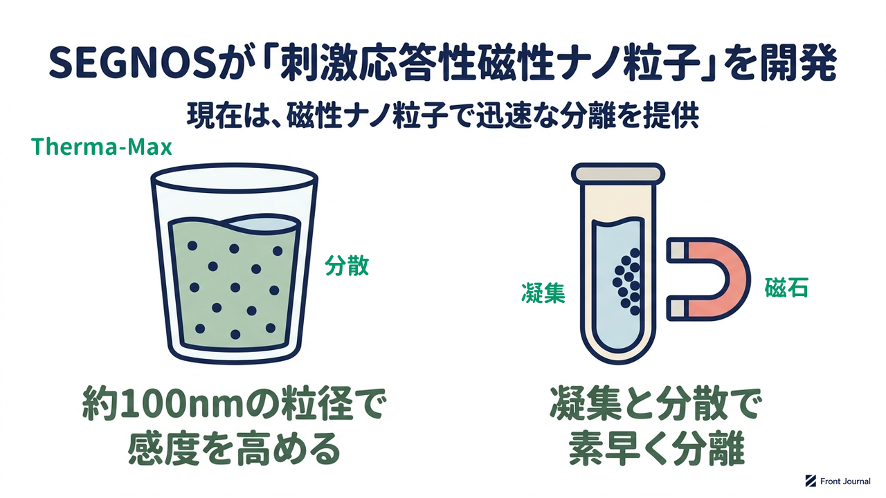 SEGNOSが「刺激応答性磁性ナノ粒子」を開発|現在は、磁性ナノ粒子で迅速な分離を提供/約100nmの粒径で感度を高める/凝集と分散で素早く分離