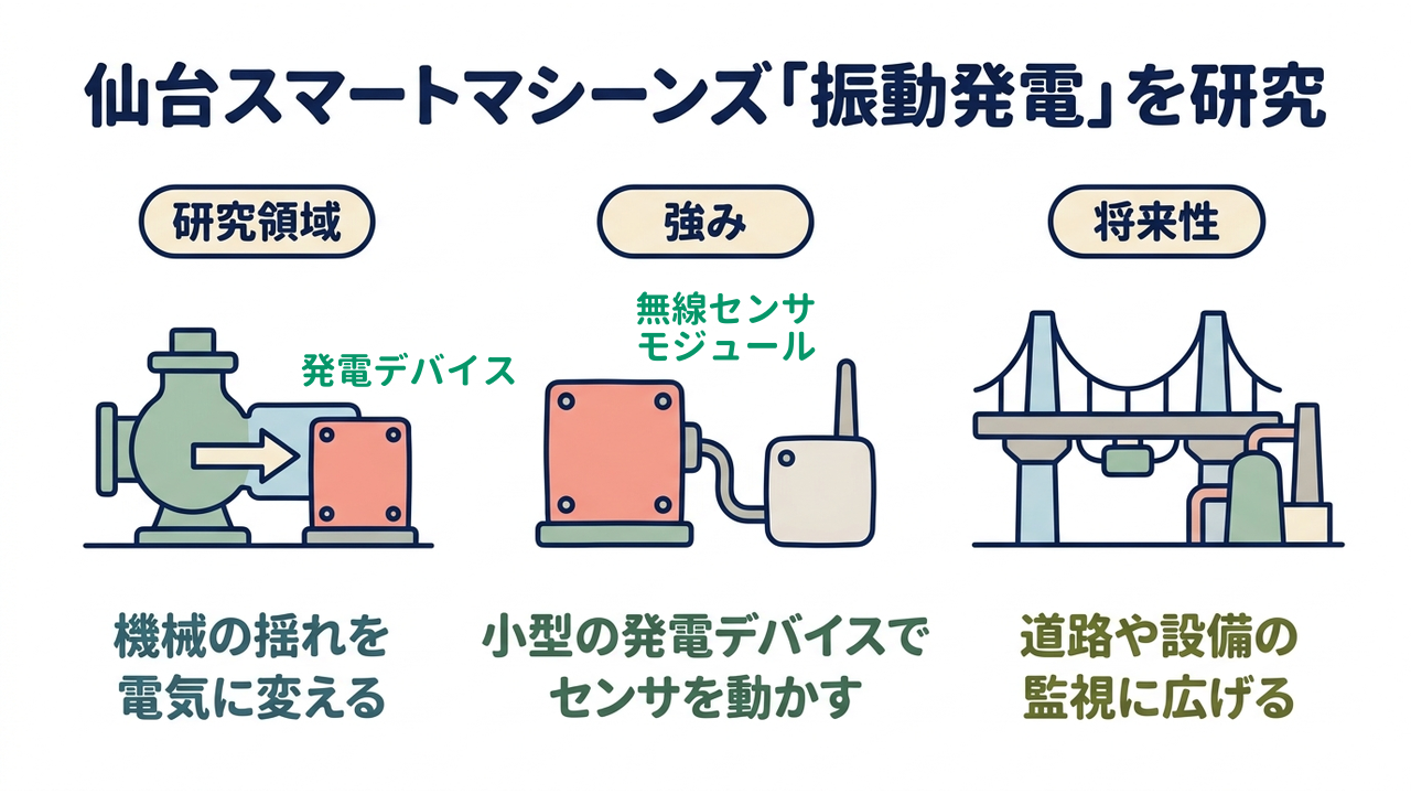 仙台スマートマシーンズ「振動発電」を研究｜研究領域=機械の揺れを電気に変える／強み=小型の発電デバイスでセンサを動かす／将来性=道路や設備の監視に広げる