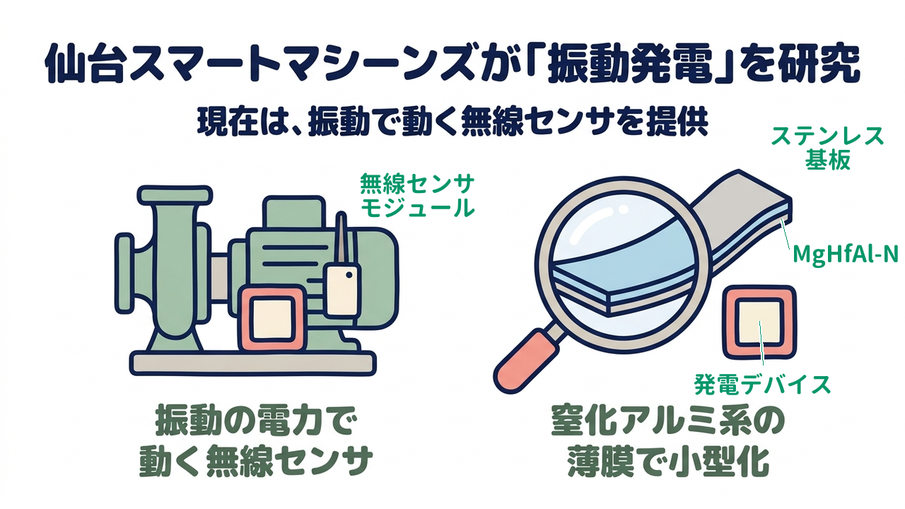 仙台スマートマシーンズが「振動発電」を研究｜現在は、振動で動く無線センサを提供／振動の電力で動く無線センサ／窒化アルミ系の薄膜で小型化
