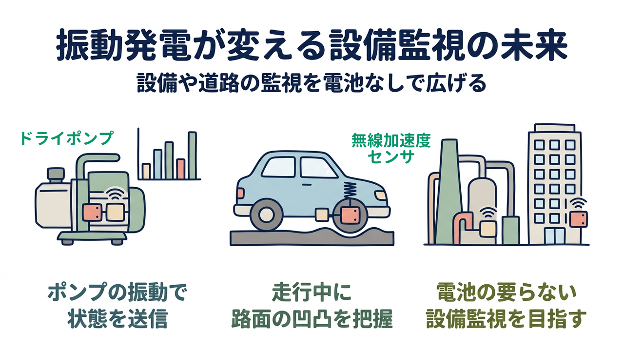振動発電が変える設備監視の未来｜設備や道路の監視を電池なしで広げる／ポンプの振動で状態を送信／走行中に路面の凹凸を把握／電池の要らない設備監視を目指す