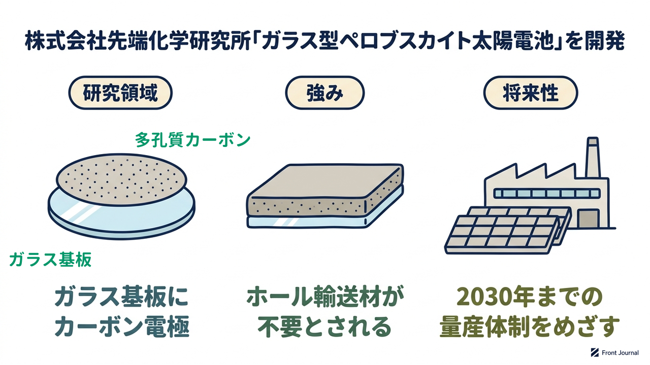 株式会社先端化学研究所「ガラス型ペロブスカイト太陽電池」を開発