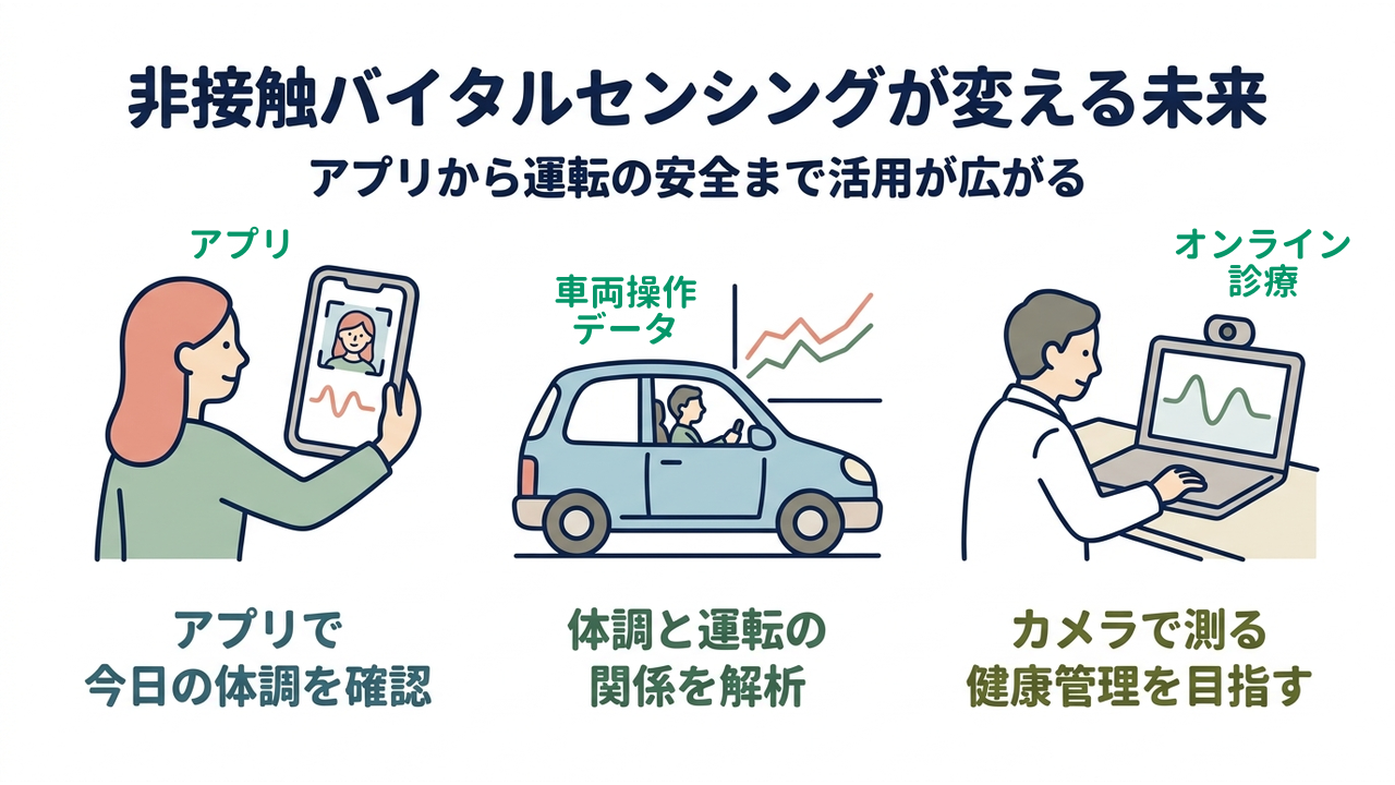 非接触バイタルセンシングが変える未来｜アプリから運転の安全まで活用が広がる／アプリで今日の体調を確認／体調と運転の関係を解析／カメラで測る健康管理を目指す