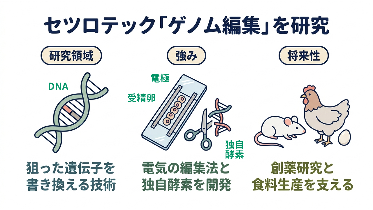セツロテック「ゲノム編集」を研究|研究領域=狙った遺伝子を書き換える技術/強み=電気の編集法と独自酵素を開発/将来性=創薬研究と食料生産を支える