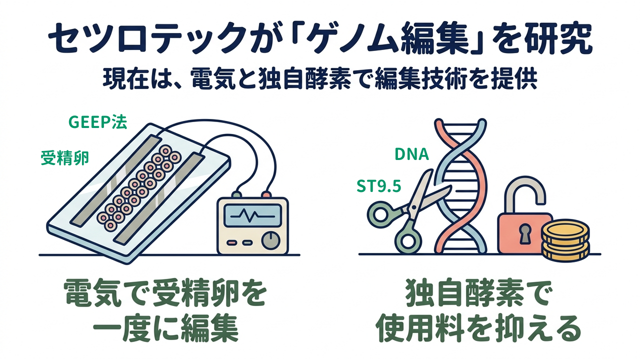 セツロテックが「ゲノム編集」を研究|現在は、電気と独自酵素で編集技術を提供/電気で受精卵を一度に編集/独自酵素で使用料を抑える