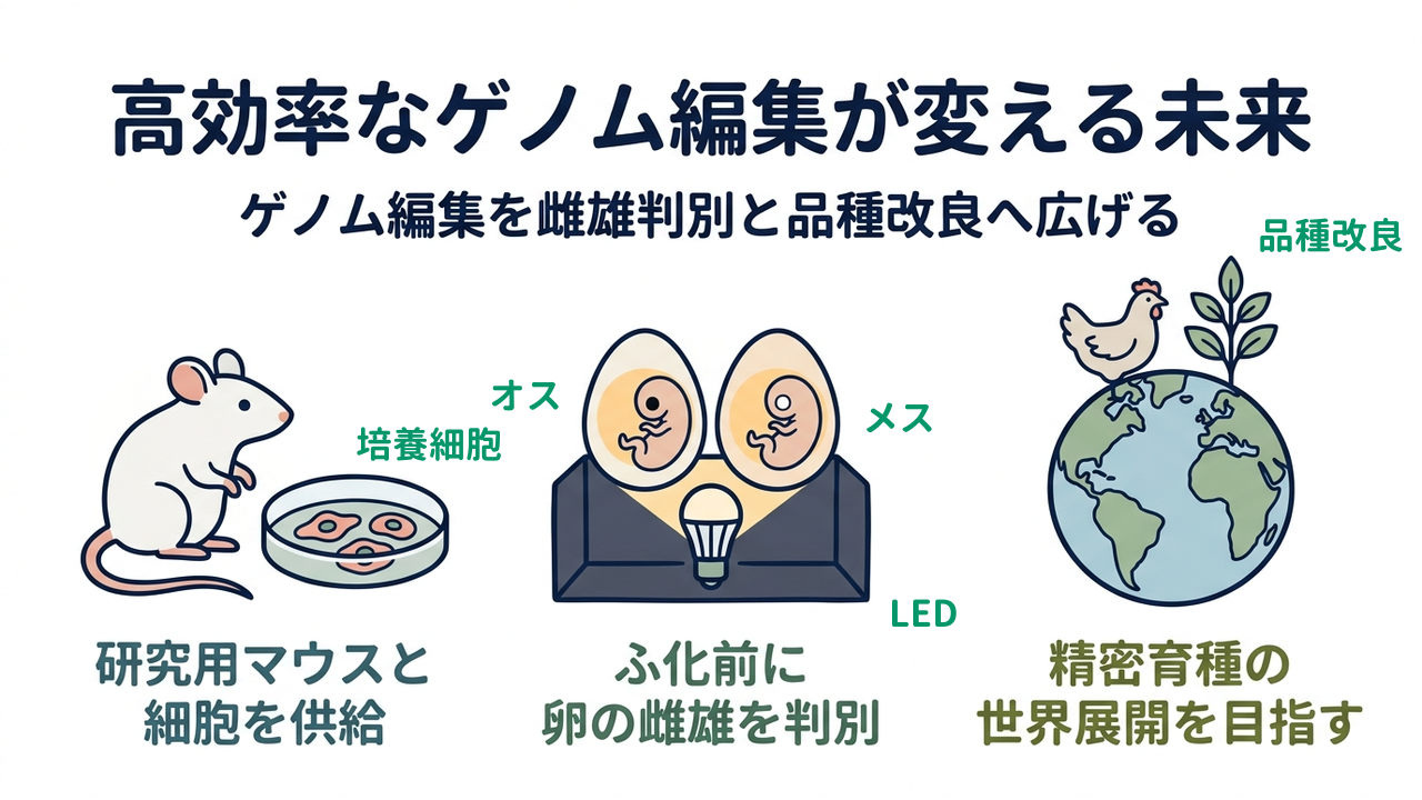 高効率なゲノム編集が変える未来|ゲノム編集を雌雄判別と品種改良へ広げる/研究用マウスと細胞を供給/ふ化前に卵の雌雄を判別/精密育種の世界展開を目指す