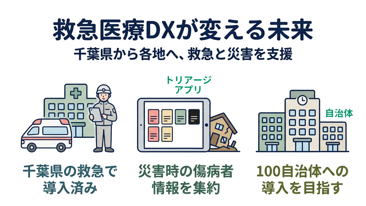 救急医療DXが変える未来|千葉県から各地へ、救急と災害を支援/千葉県の救急で導入済み/災害時の傷病者情報を集約/100自治体への導入を目指す