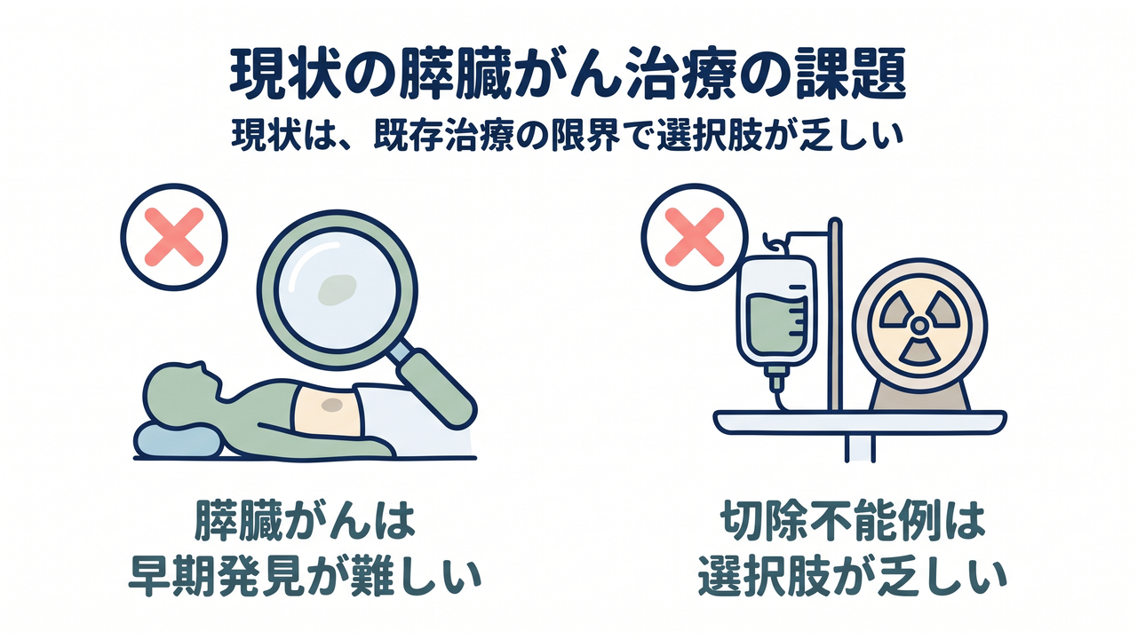 現状の膵臓がん治療の課題｜現状は、既存治療の限界で選択肢が乏しい／膵臓がんは早期発見が難しい／切除不能例は選択肢が乏しい