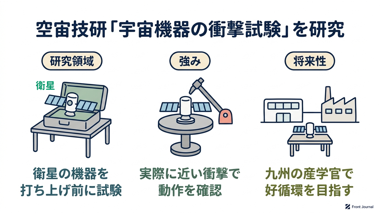 空宙技研「宇宙機器の衝撃試験」を研究|研究領域=衛星の機器を・打ち上げ前に試験/強み=実際に近い衝撃で・動作を確認/将来性=九州の産学官で・好循環を目指す