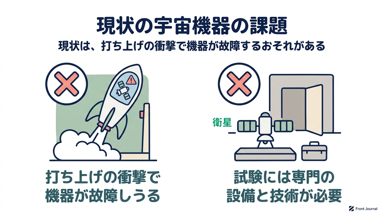 現状の宇宙機器の課題|現状は、打ち上げの衝撃で機器が故障するおそれがある|打ち上げの衝撃で・機器が故障しうる/試験には専門の・設備と技術が必要