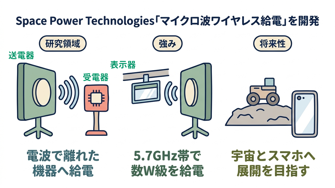 Space Power Technologies「マイクロ波ワイヤレス給電」を開発|研究領域=電波で離れた・機器へ給電/強み=5.7GHz帯で・数W級を給電/将来性=宇宙とスマホへ・展開を目指す
