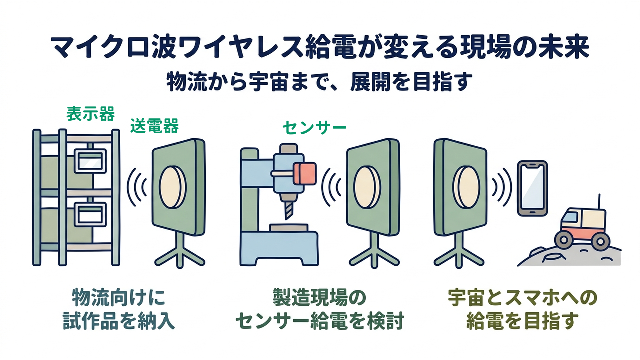 マイクロ波ワイヤレス給電が変える現場の未来|物流から宇宙まで、展開を目指す|物流向けに・試作品を納入/製造現場の・センサー給電を検討/宇宙とスマホへの・給電を目指す