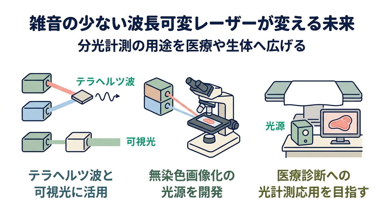 雑音の少ない波長可変レーザーが変える未来｜分光計測の用途を医療や生体へ広げる／テラヘルツ波と可視光に活用／無染色画像化の光源を開発／医療診断への光計測応用を目指す