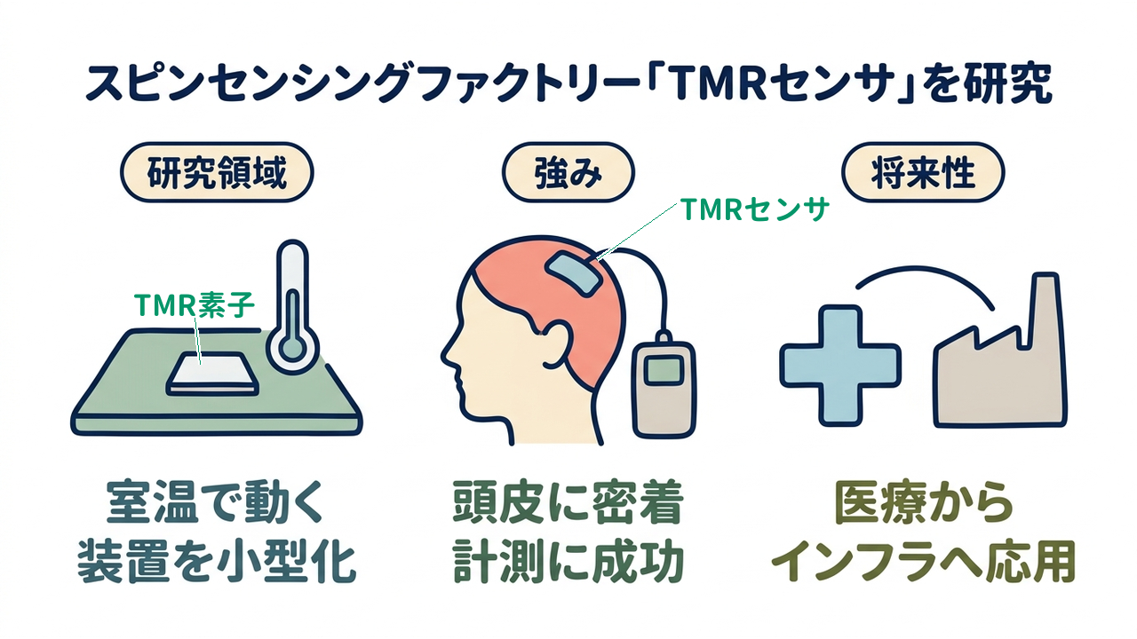 スピンセンシングファクトリー「TMRセンサ」を研究｜研究領域=室温で動く装置を小型化／強み=頭皮に密着し計測に成功／将来性=医療からインフラへ応用