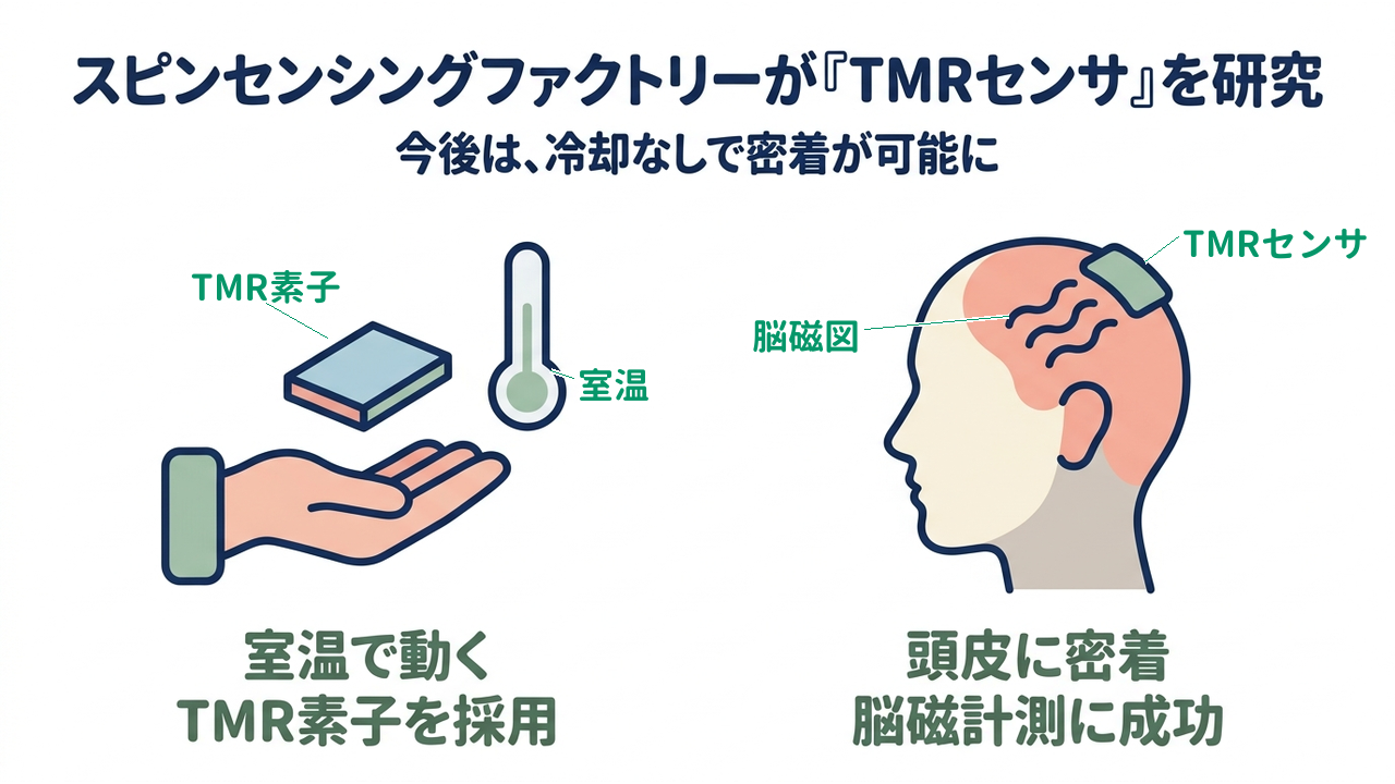 スピンセンシングファクトリーが「TMRセンサ」を研究｜今後は、冷却なしで密着が可能に／室温で動くTMR素子を採用／頭皮に密着した脳磁計測に成功