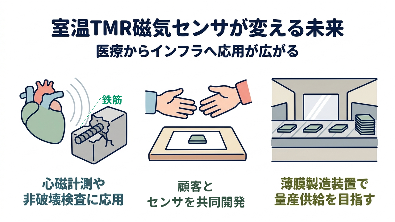 室温TMR磁気センサが変える未来｜医療からインフラへ応用が広がる／心磁計測や非破壊検査に応用／顧客と共同でセンサを試作／薄膜製造装置で量産供給を目指す