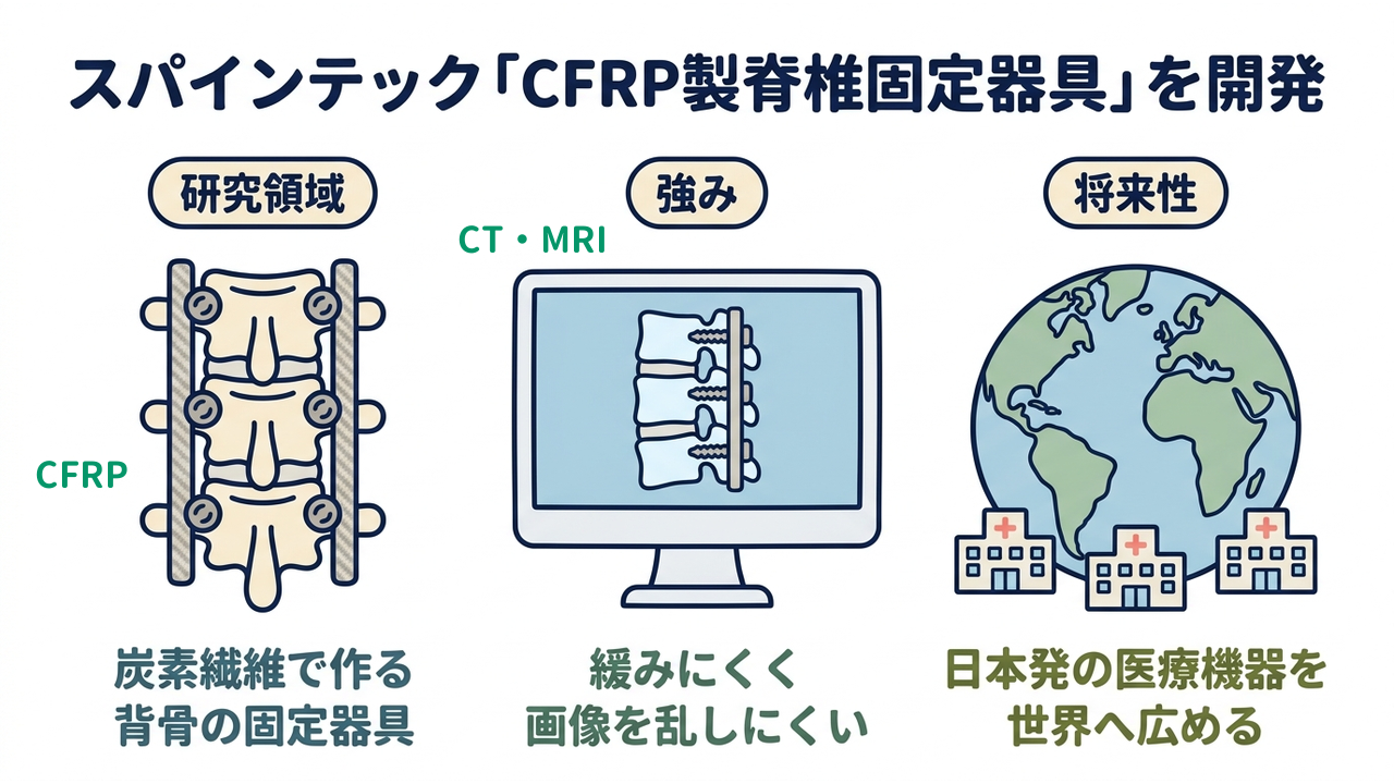 スパインテック「CFRP製脊椎固定器具」を開発｜研究領域=炭素繊維で作る背骨の固定器具／強み=緩みにくく画像を乱しにくい／将来性=日本発の医療機器を世界へ広める