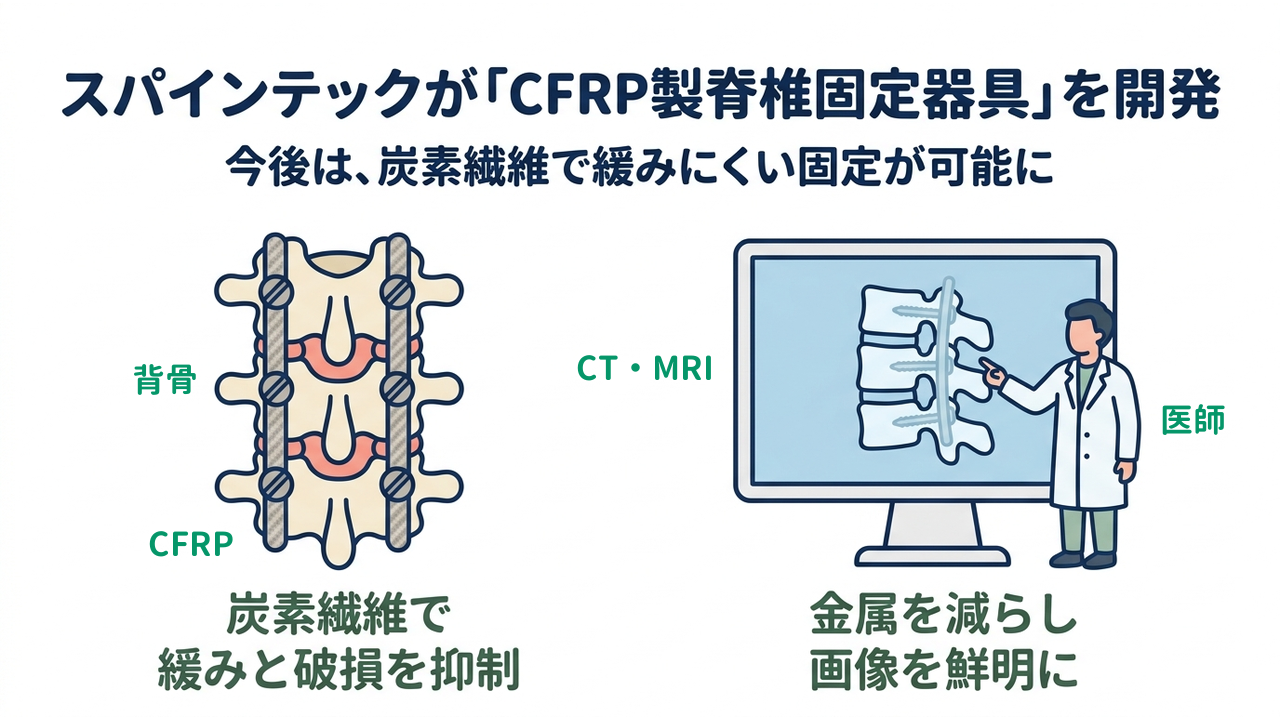 スパインテックが「CFRP製脊椎固定器具」を開発｜今後は、炭素繊維で緩みにくい固定が可能に／炭素繊維で緩みと破損を抑制／金属を減らし画像を鮮明に