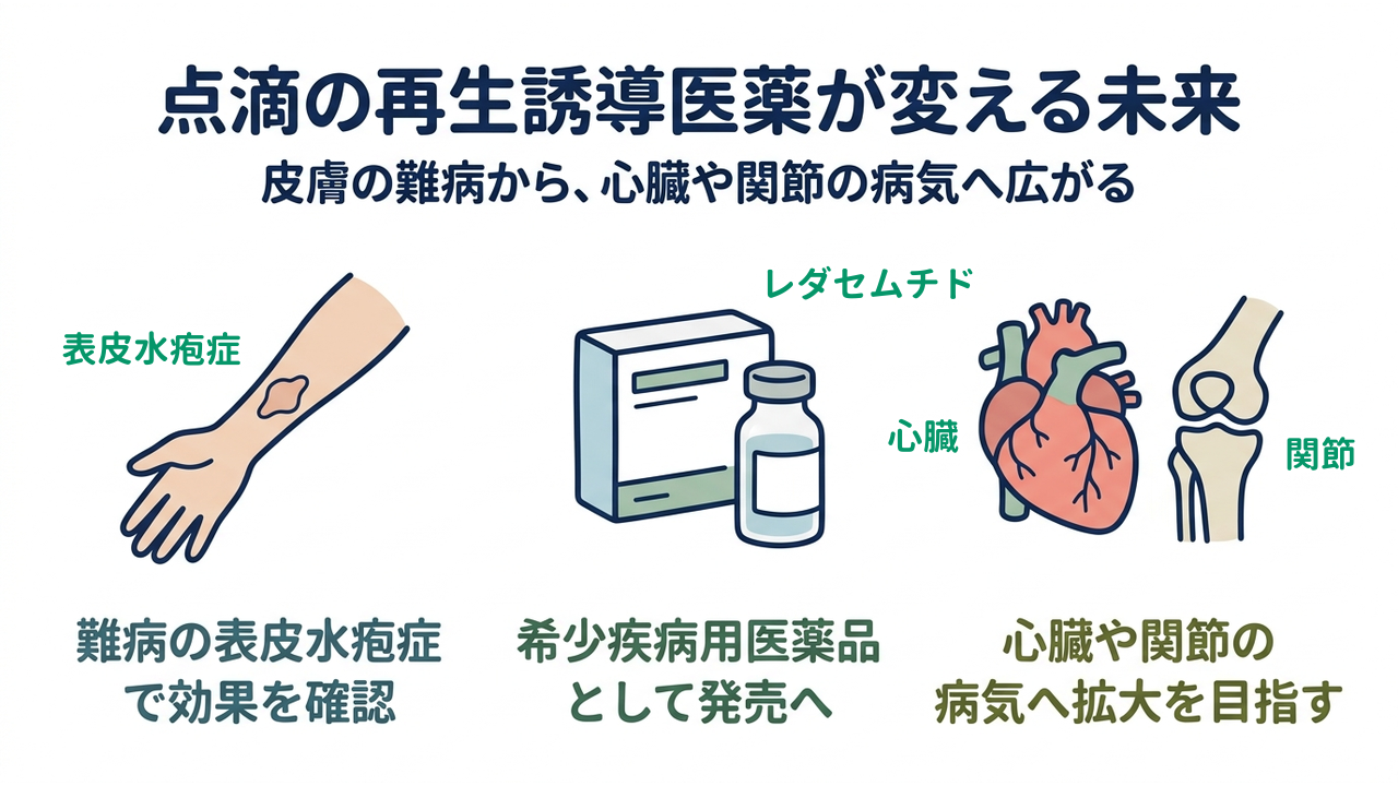 点滴の再生誘導医薬が変える未来｜皮膚の難病から、心臓や関節の病気へ広がる｜難病の表皮水疱症・で効果を確認／希少疾病用医薬品・として発売へ／心臓や関節の・病気へ拡大を目指す