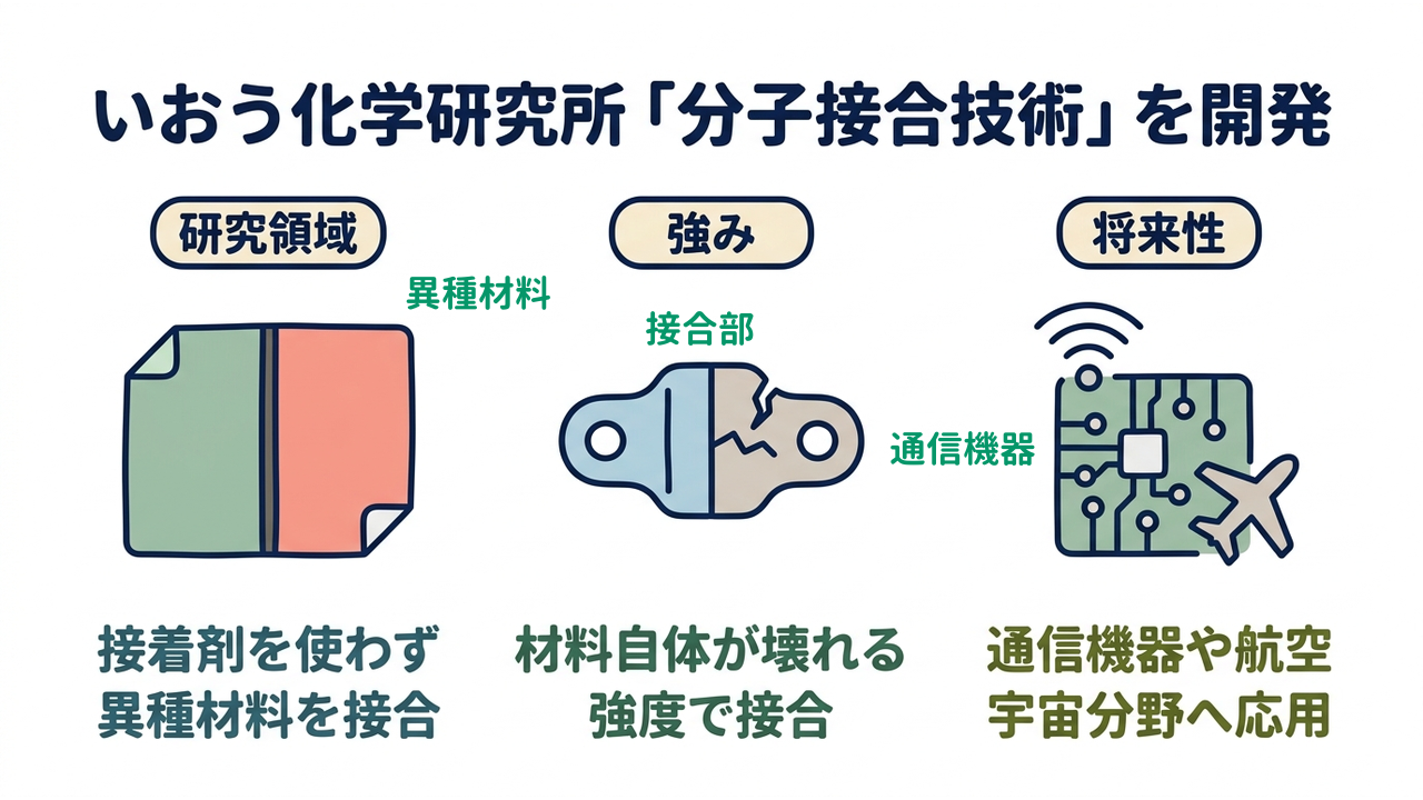 いおう化学研究所「分子接合技術」を開発|研究領域=接着剤を使わず異種材料を接合/強み=材料自体が壊れる強度で接合/将来性=5G/6G機器や航空宇宙分野へ応用