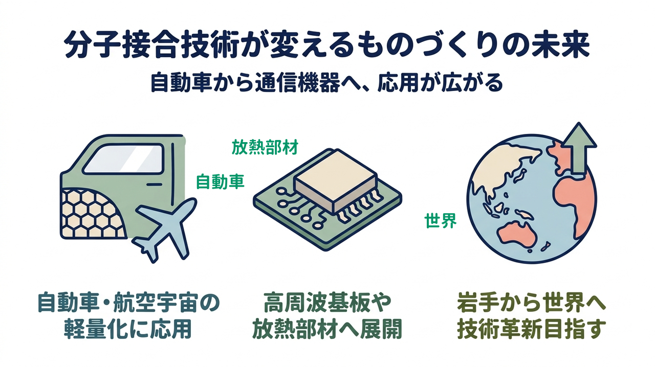 分子接合技術が変えるものづくりの未来|自動車から通信機器へ、応用が広がる/自動車・航空宇宙の軽量化に応用/高周波基板や放熱部材へ展開/岩手から世界へ技術革新目指す