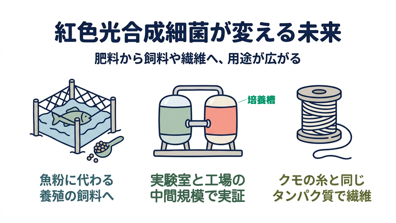 紅色光合成細菌が変える未来|肥料から飼料や繊維へ、用途が広がる/魚粉に代わる/養殖の飼料へ/実験室と工場の/中間規模で実証/クモの糸と同じ/タンパク質で繊維