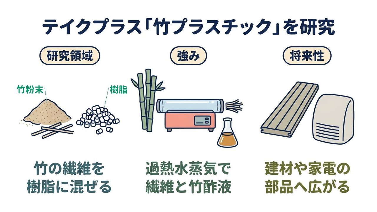 テイクプラス「竹プラスチック」を研究|研究領域=竹の繊維を/樹脂に混ぜる/強み=過熱水蒸気で/繊維と竹酢液/将来性=建材や家電の/部品へ広がる