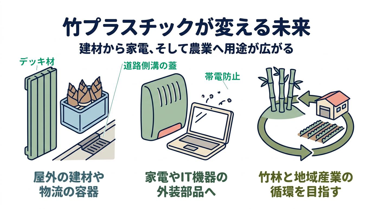竹プラスチックが変える未来|建材から家電、そして農業へ用途が広がる|屋外の建材や/物流の容器/家電やIT機器の/外装部品へ/竹林と地域産業の/循環を目指す